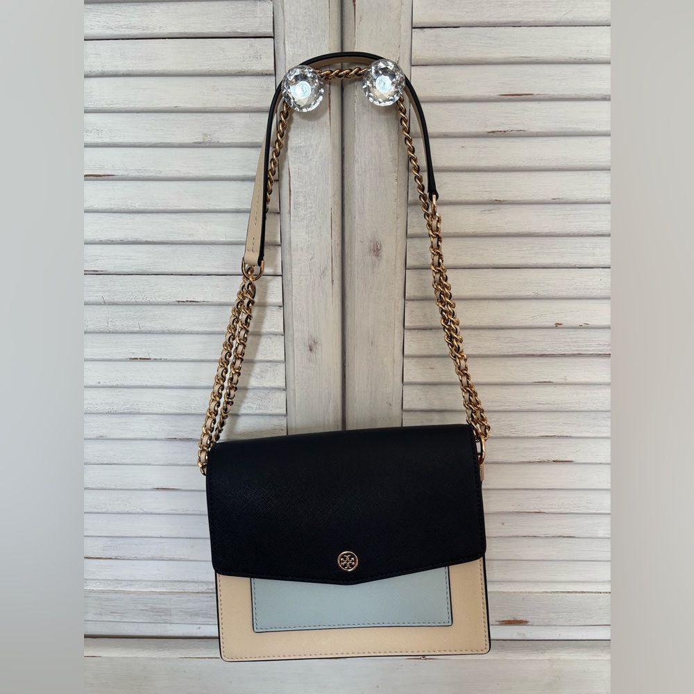 Tory Burch Navy, Cream, Light Blue, Brown suede Leather Chain Crossbody bag